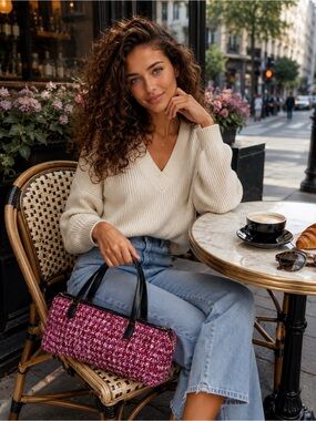 kate spade Pink Multitone Tweed Barrel Shoulder Bag with Black Handles